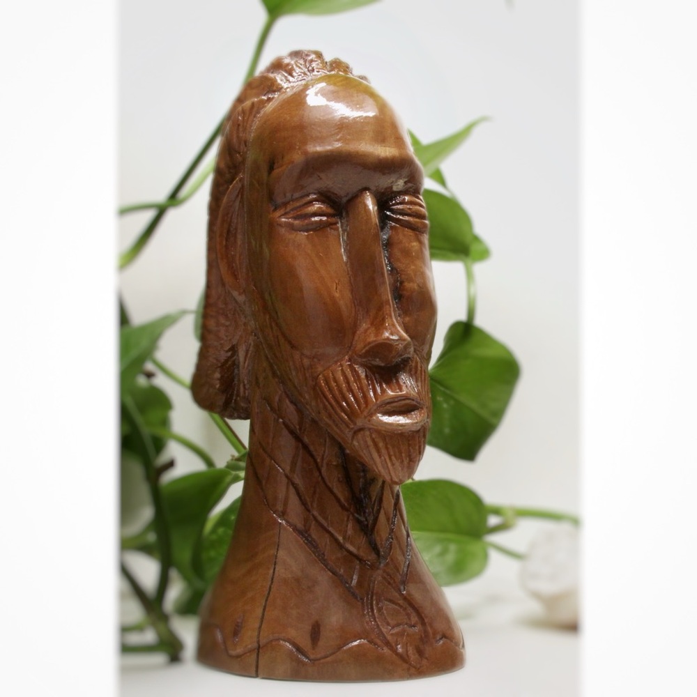 Vintage Folk Art Man Bust Carved Wood Sculpture Tribal Art Figure Decor